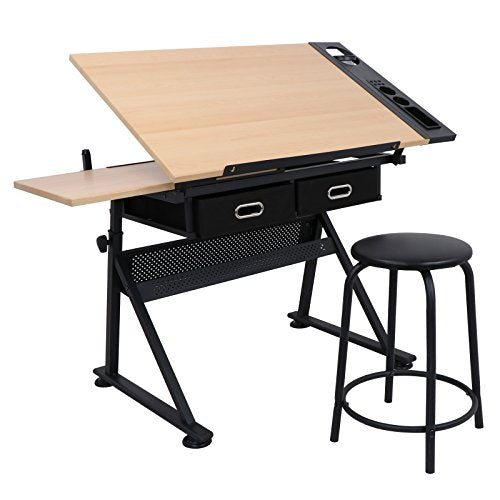 Drafting Table Art Desk, Height Adjustable Drawing Table Tilting Tabletop Work Station with Stool and Storage Drawer for Home, Office, Writing, Black