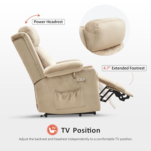 MCombo Large Dual Motor Power Lift Recliner Chair with Massage and Heat for Elderly People, Adjustable Headrest, Infinite Position, USB Ports, Fabric 7662 (Grey, Large)