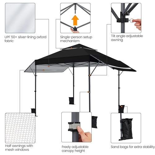 Yaheetech 10x17ft Pop Up Canopy with Awnings, 2-Tier Outdoor Canopy Tent, Heavy Duty Instant Shelter with Ventilation, Adjustable Dual Half Awnings & Wheeled Carry Bag, One-handed Set-up, Black