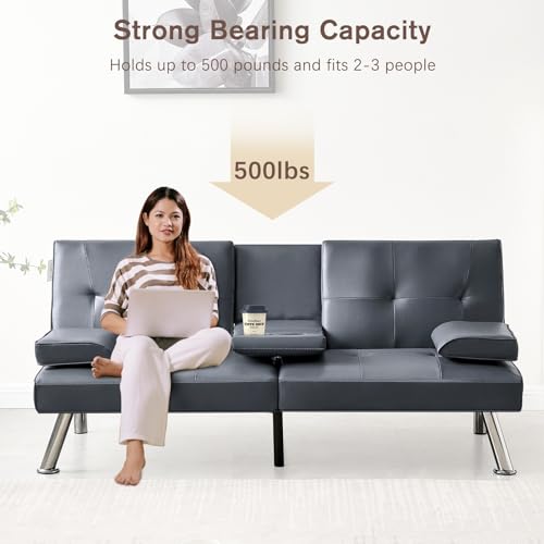 Faux Leather Convertible Folding Futon Sofa Bed with 2 Cup Holders, Sleeper Couch Bed with Removable Armrests, Metal Legs, Upholstered Loveseat for Living Room, Apartment, Dorm, Office (Orange)