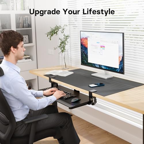BONTEC Keyboard Tray Under Desk, Pull Out Keyboard & Mouse Tray with C-clamp, 25.6 Excluding Clamps (30 Including Clamps) x 11.8 Inch Steady Slide-Out Computer Drawer for Typing, Dark Black