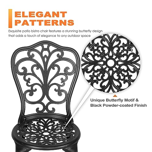 NUU GARDEN Bistro Set 3 Piece Outdoor All Weather Cast Aluminum Patio Bistro Set Patio Table and Chairs Set of 2 with Umbrella Hole for Backyard, Balcony, Front Porch, Lawn, Black