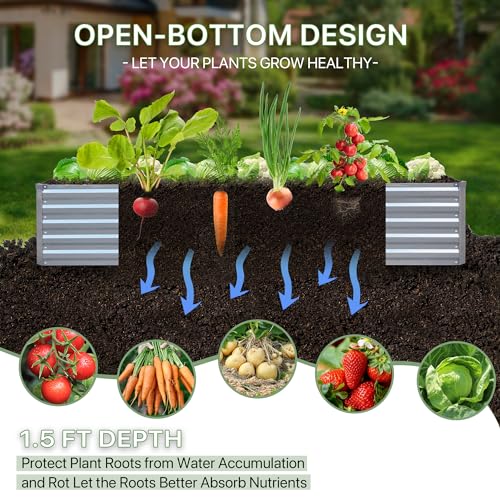 Raised Garden Bed 8x4x1.5FT Galvanized Raised Garden Beds Outdoor for Vegetables Gardening - Raised Flowers Bed 18inch Garden Bed Metal Deep Planter Raised Beds with Apron & Gloves-Galvanized