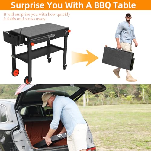 Outdoor Grill Table,Blackstone Griddle Stand,BBQ Prep Table With Wheels And Seasoning Tray,Universal Grill Cart Fit 17 Inch Or 22 Inch Griddle,Folds Flat Quickly Ninja Grill Stand