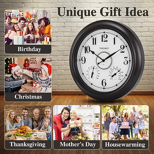 Illuminated Outdoor Clocks Waterproof 18 inch with Smart Sensor,Large Outdoor Clock with Thermometer & Hygrometer for Garden Patio Pool,Oil Rubbed Bronze Black,Unique Housewarming Gifts