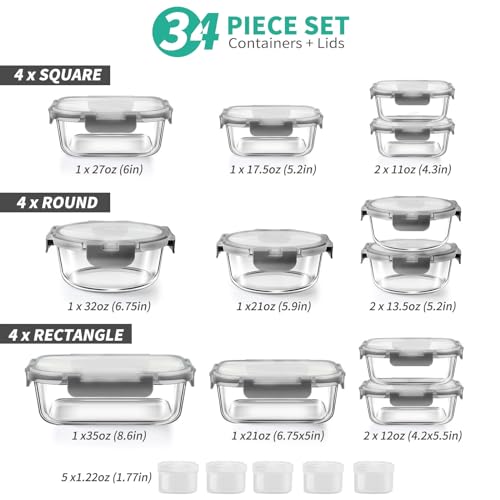 34pcs Glass Food Storage Containers with Lids Set, Airtight Glass Meal Prep Containers (17 Containers & 17 Lids),Leak Proof Lunch Containers BPA-Free, Microwave, Oven, Freezer & Dishwasher,Black