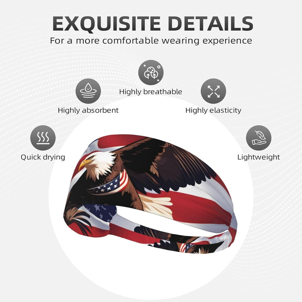 Elastic Exercise Headband for Men & Women Moisture Wicking Athletic for Running, Gym, Working Out USA Patriotic Eagle with American Flag Pattern