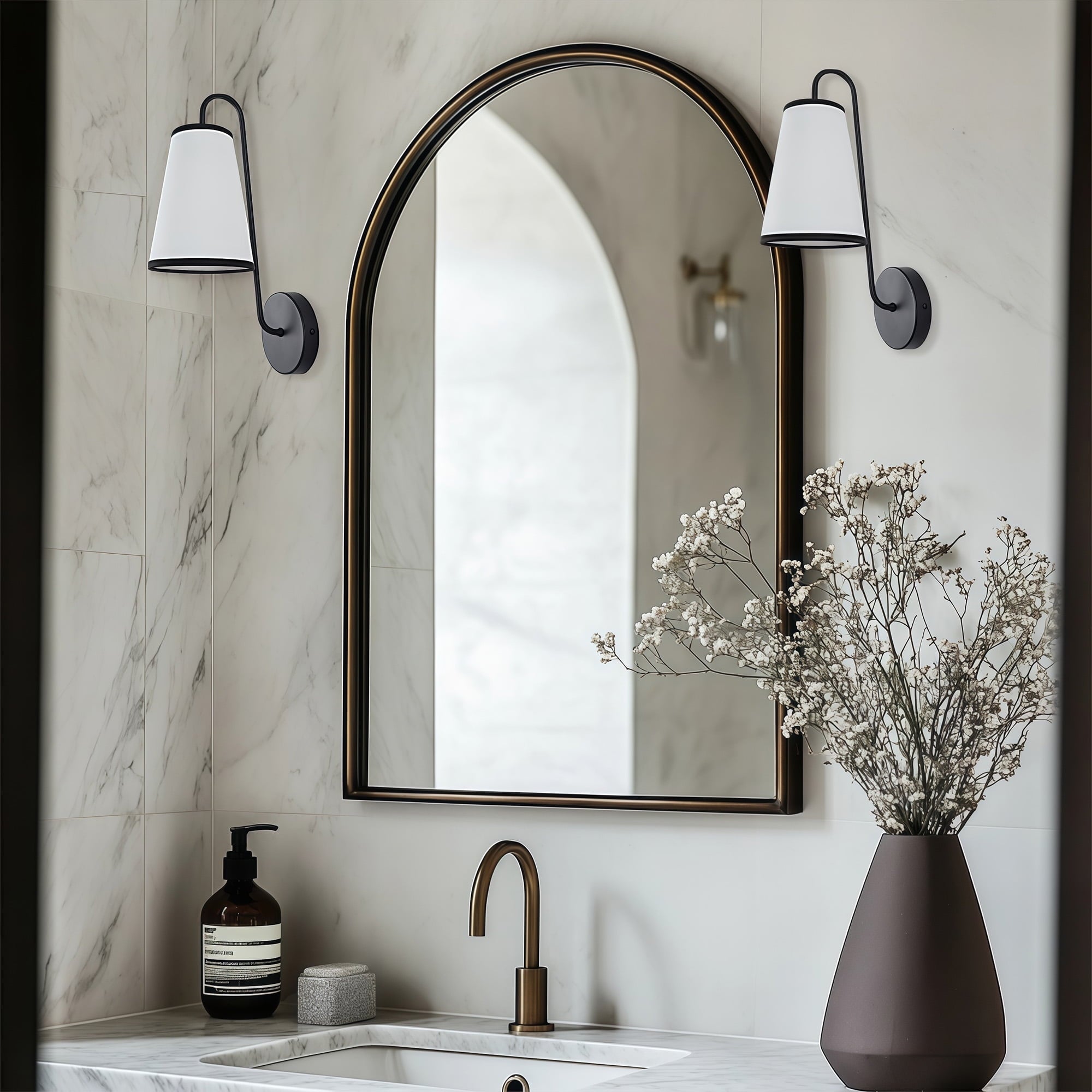 Minimal Elegant Black Sconce, Modern White Linen Shade Sconce for Bedroom, Living Room, Bathroom