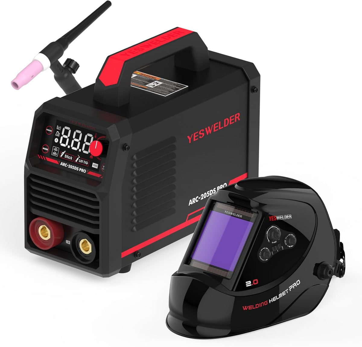 YESWELDER 205Amp Stick Welder with Lift TIG Torch, [Large LED Display] 110V/220V Dual Voltage Portable Welding Machine & Large Viewing Screen 3.93"X3.66" True Color Auto Darkening Welding Helmet