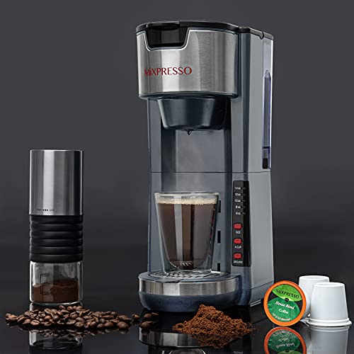 Mixpresso Single Serve Coffee Brewer K-Cup Pods Compatible & Ground Coffee, 30 oz Compact Coffee Maker Single Serve With 5 Brew Sizes Up To 14 Oz, Fits Travel Mug, Adjustable Drip Tray, Black