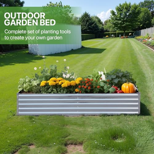 Raised Garden Bed 8x4x1.5FT Galvanized Raised Garden Beds Outdoor for Vegetables Gardening - Raised Flowers Bed 18inch Garden Bed Metal Deep Planter Raised Beds with Apron & Gloves-Galvanized