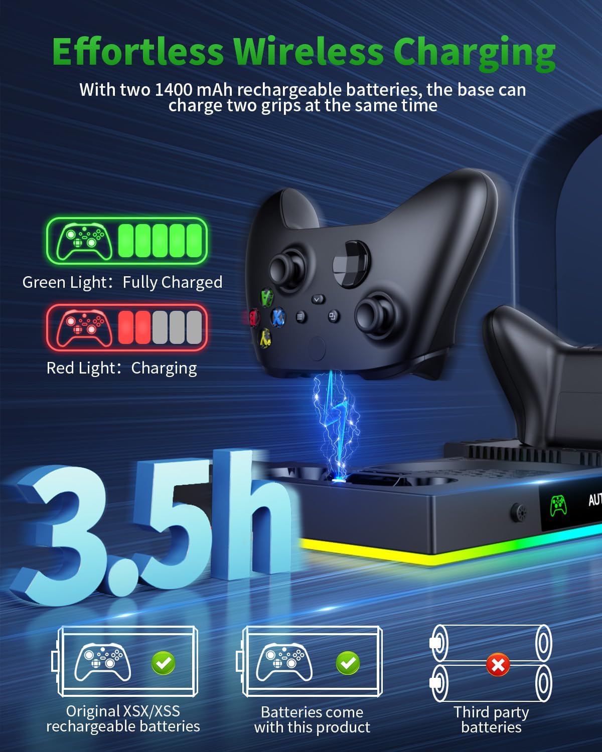 Charging Stand with AI Smart Cooling Fan Accessories for Xbox Series X with High Power, Wireless Dual Charger Dock for Xbox X Controller, 2 * 1400mAh Rechargeable Battery, Disc Game Storage