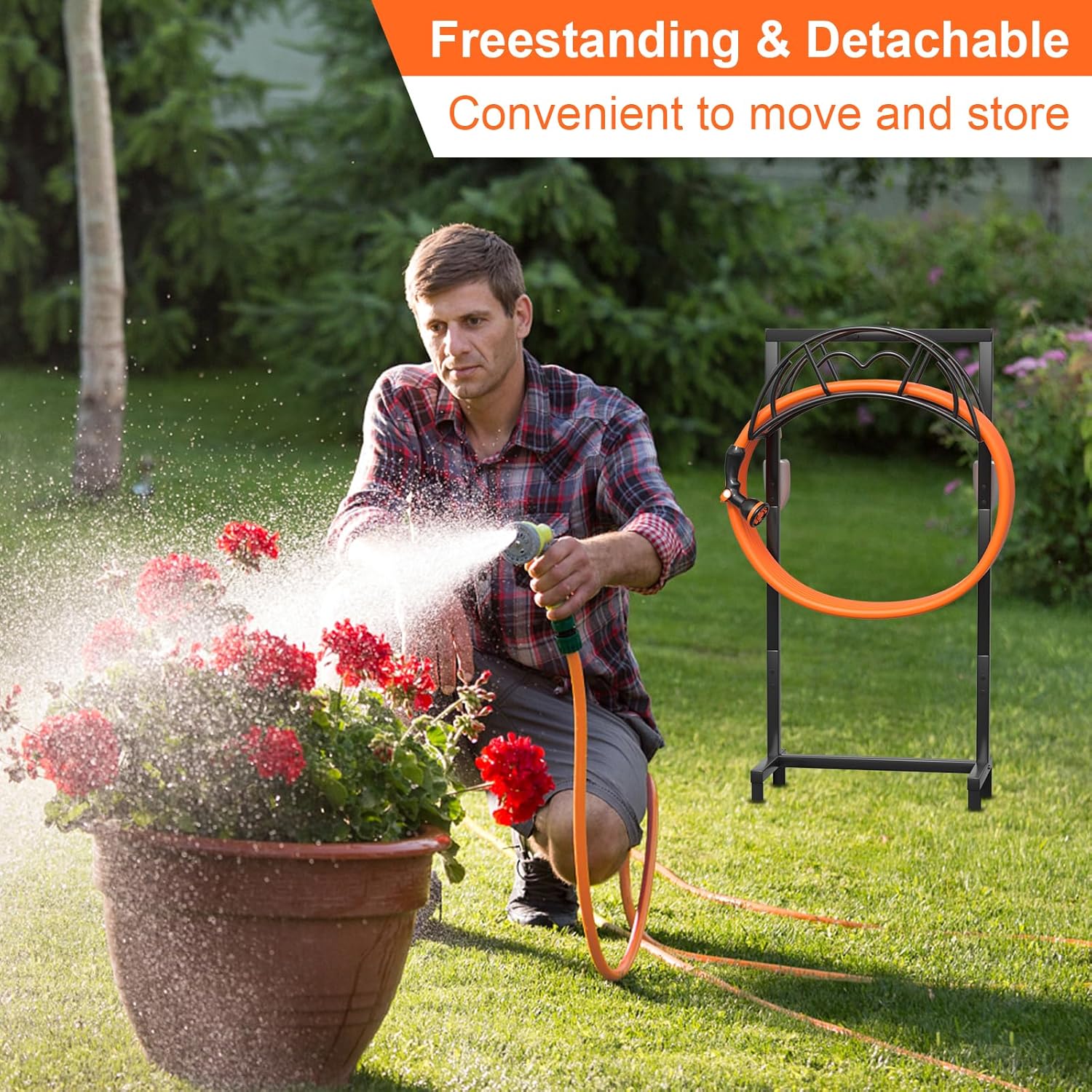 Garden Hose Holder, Freestanding Heavy Duty Water Hose Holder for Outside, Upgraded Metal Hose Stand with 4 Spikes, Detachable Garden Hose Storage Hose Reel Rack, Black