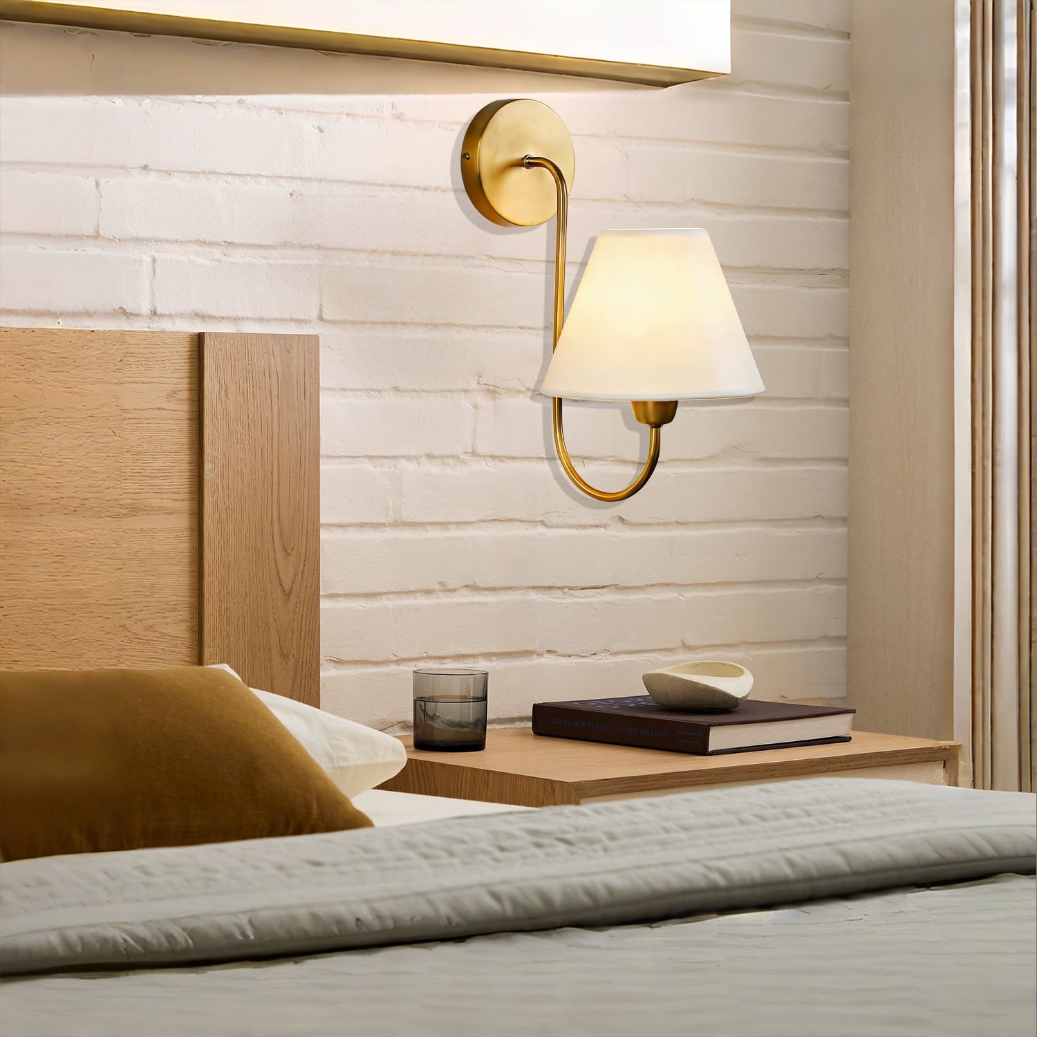 Gleaming Elegance Wall Sconce with Antique Brass&White Linen Shade,Indoor Sconce for Living&Bedroom