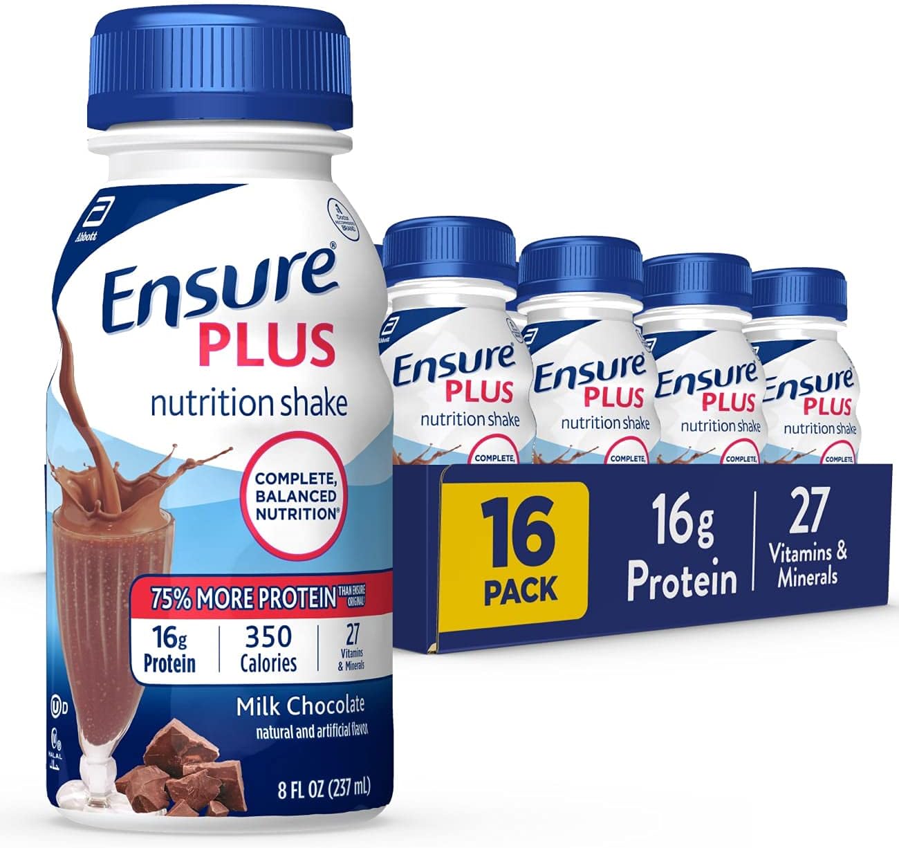 Ensure Plus Nutrition Shake with 13 grams of protein, Meal Replacement Shakes, Milk Chocolate, 8 fl oz, 16 count