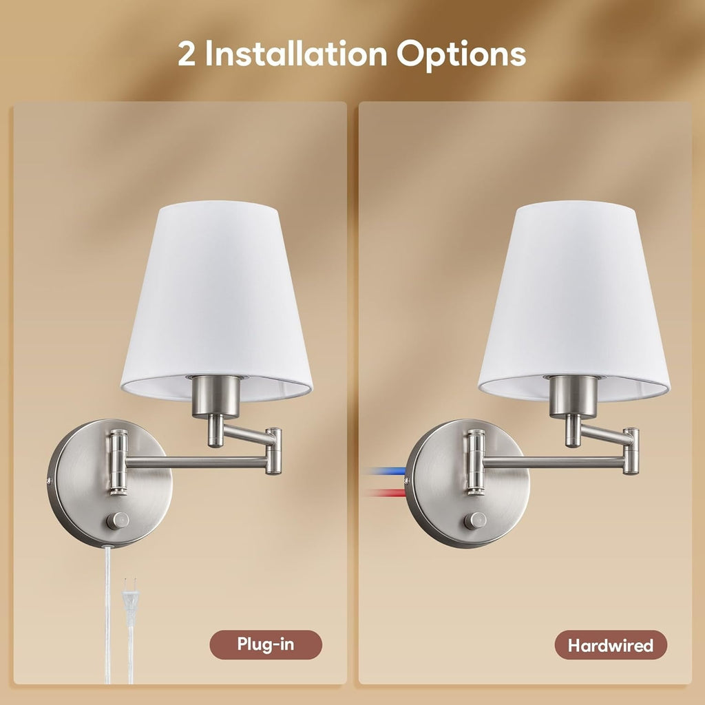 Wall Sconce Set of 2, Plug in & Hardwired Swing Arm Wall Lamps, Adjustable Wall Mounted Lighting Fixtures, Modern Wall Lights with Nickel Base White Fabric Shade for Bedside, Hallway, Study