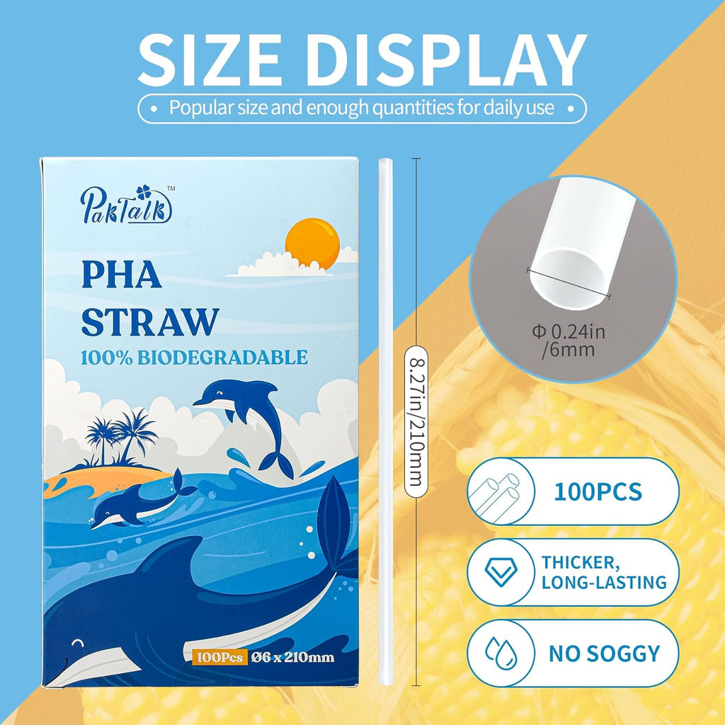 Plant-Based Compostable Straws, 100% Plastic-Free, Eco Friendly, Marine Biodegradable Straws, 100 Count 0.24''*7.75'' Disposable Drinking Straws for Hot and Cold Drinks