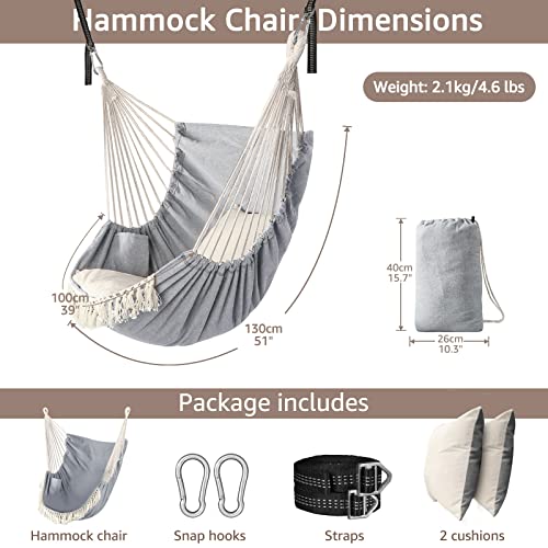 Chihee Hammock Chair Hanging Swing 2 Pillows Included,Strong Webbing Straps and Hooks for Easy Hanging Soft Cotton Hanging Chair Side Pocket Tassel Chair Comfort Indoor Outdoor