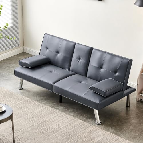 Faux Leather Convertible Folding Futon Sofa Bed with 2 Cup Holders, Sleeper Couch Bed with Removable Armrests, Metal Legs, Upholstered Loveseat for Living Room, Apartment, Dorm, Office (Orange)