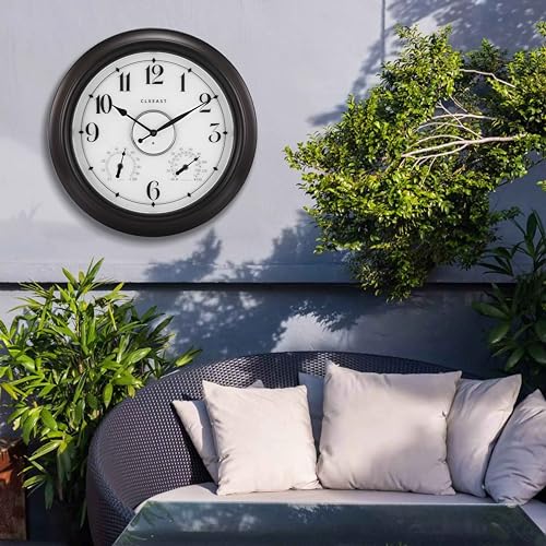 Illuminated Outdoor Clocks Waterproof 18 inch with Smart Sensor,Large Outdoor Clock with Thermometer & Hygrometer for Garden Patio Pool,Oil Rubbed Bronze Black,Unique Housewarming Gifts
