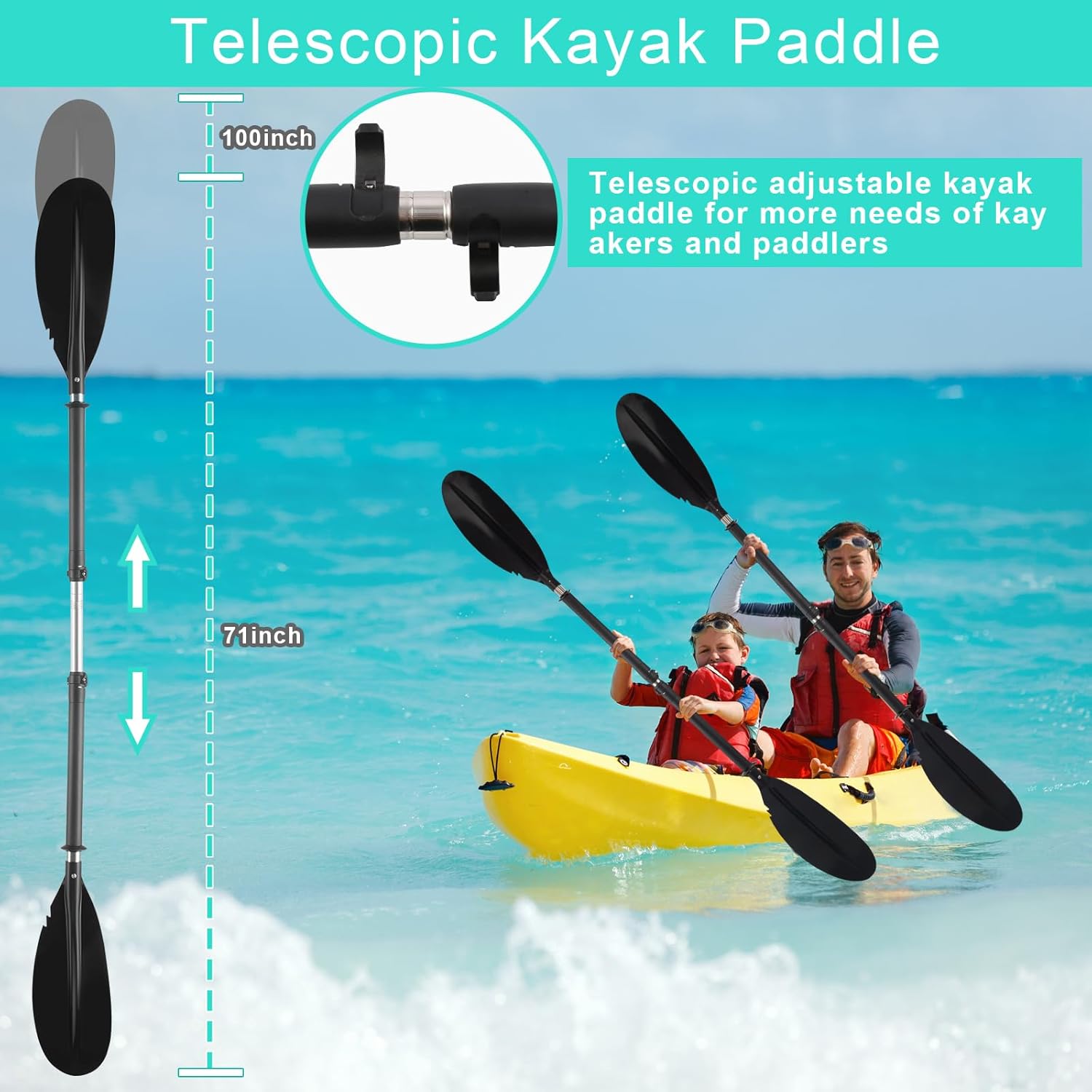 Kayak Paddle, Telescoping Canoe Paddle Boat Oars with Kayak Paddles Leash Stainless Steel Tube Comfort Grips Black(94inch)