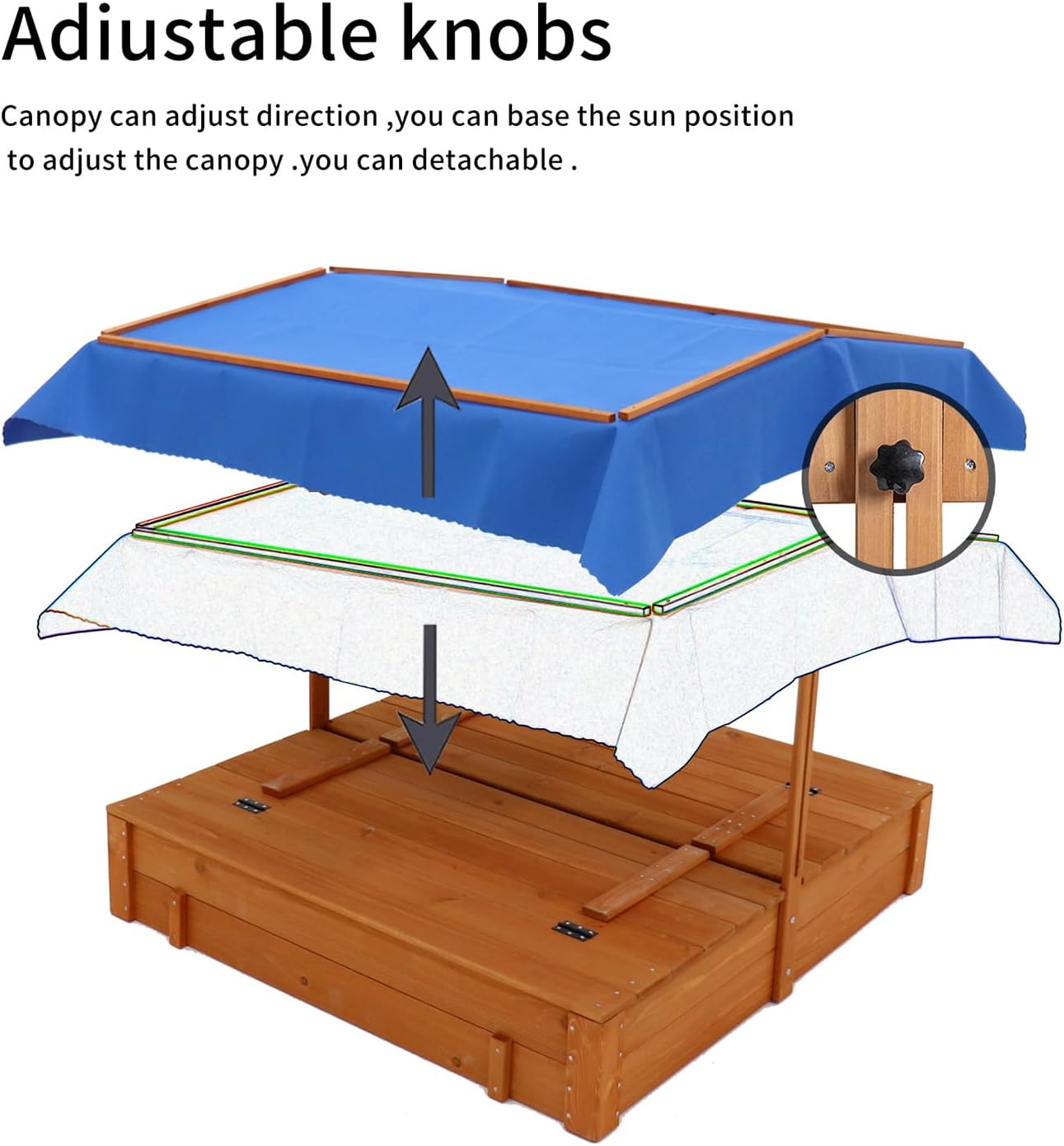 Wooden Cedar Sand Box, Large Kids Sand Boxes with Adjustable Canopy, 2 Foldable Bench Seats, Sand Protection, Bottom Liner, Sand Boxes for Backyard Garden, Sand Pit for Beach Patio Outdoor (47 Inch)