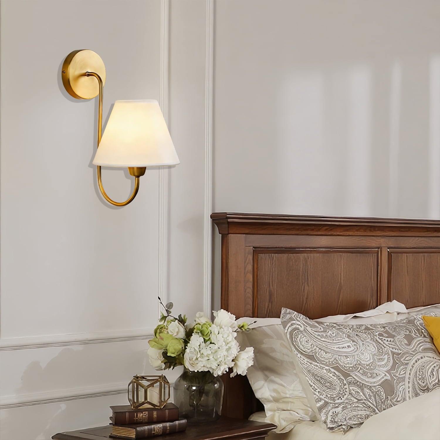 Gleaming Elegance Wall Sconce with Antique Brass&White Linen Shade,Indoor Sconce for Living&Bedroom