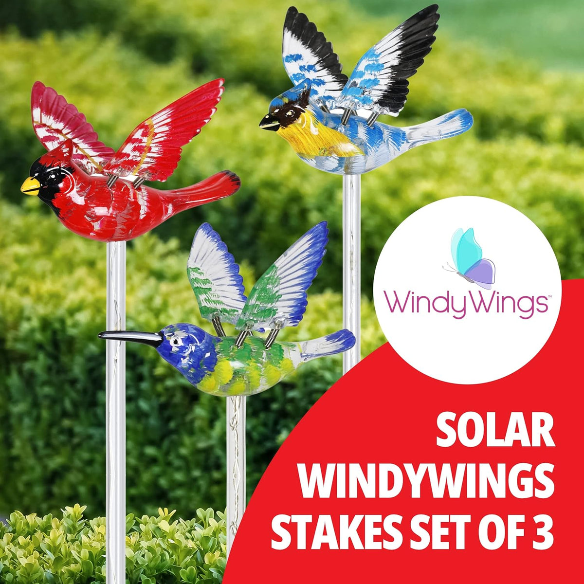 Exhart Garden Stake, Set of 3 Bird Garden Solar Lights Stakes, Colored LEDs, WindyWing Outdoor Garden Decorations, Cardinal, Hummingbird, and Blue Bird, 3 x 24 Inch