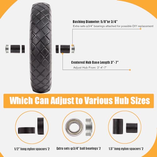 Wheelbarrow Tires 4.80/4.00-8 Flat Free-16"Universal Solid Wheels with 5/8" & 3/4" Bearings for Wheelbarrows/Hand Truck/Garden Trailers/Cart, Non-Slip Wheel Barrow Wheels and Tires Kit (2 Pack)