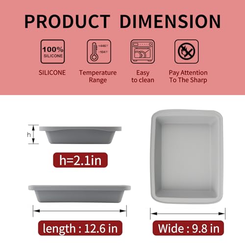 Silicone Baking Dish with Handles, Deep Rectangular Bakeware Cake Pan, Compatible with Fancy Panz, for Lasagna, Cake, Brownie or Family Dinner, 12.6 x 9.8 x 2.1 Inch (Grey)