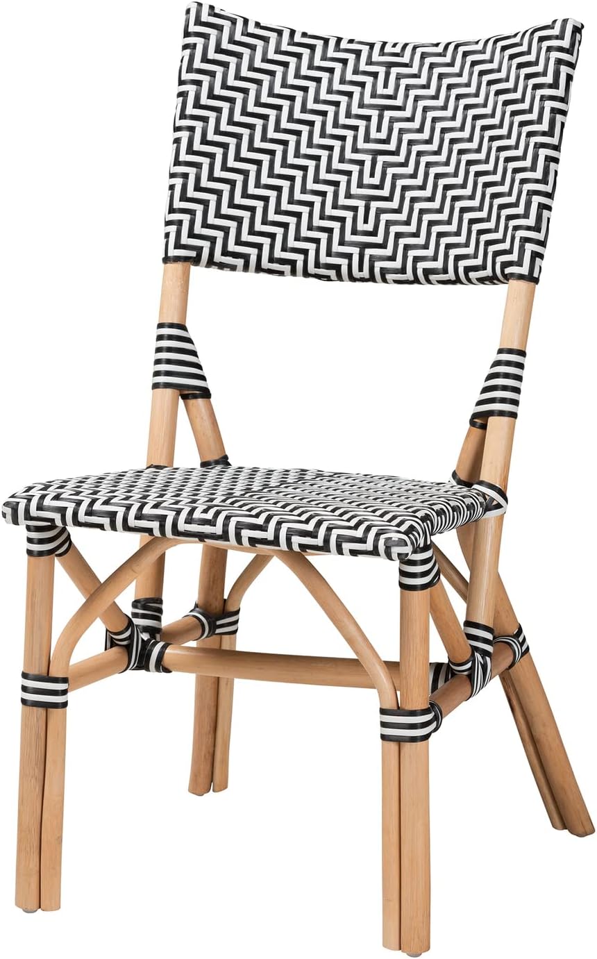 Baxton Studio Wagner Black and White Weaving and Natural Rattan Bistro Chair