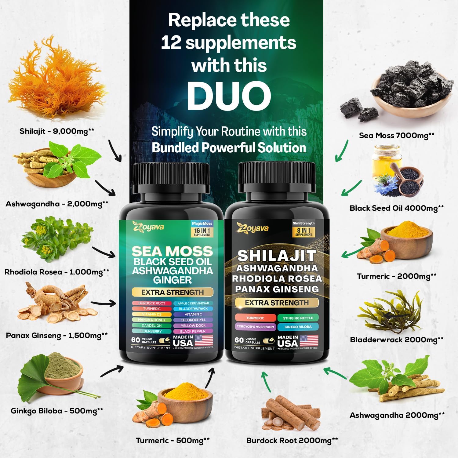 Zoyava Sea Moss 16-in-1 and Shilajit 8-in-1 Supplement Bundle