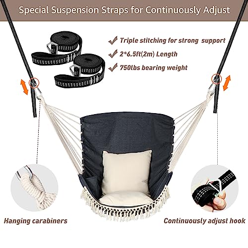 Chihee Hammock Chair Hanging Swing 2 Pillows Included,Strong Webbing Straps and Hooks for Easy Hanging Soft Cotton Hanging Chair Side Pocket Tassel Chair Comfort Indoor Outdoor