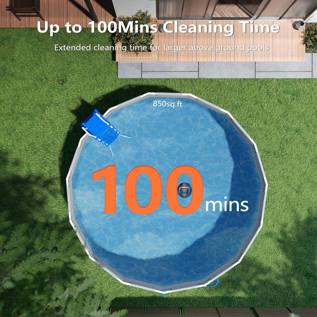 Robotic Pool Cleaner, Cordless Pool Vacuum for Above Ground Pool, Lasts up to 100Mins, Above Ground Pool Vacuum with Self-Parking Function, Ideal for Swimming Pool Cleaning up to 850 Sq.Ft