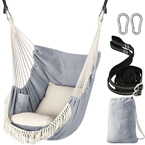 Chihee Hammock Chair Hanging Swing 2 Pillows Included,Strong Webbing Straps and Hooks for Easy Hanging Soft Cotton Hanging Chair Side Pocket Tassel Chair Comfort Indoor Outdoor