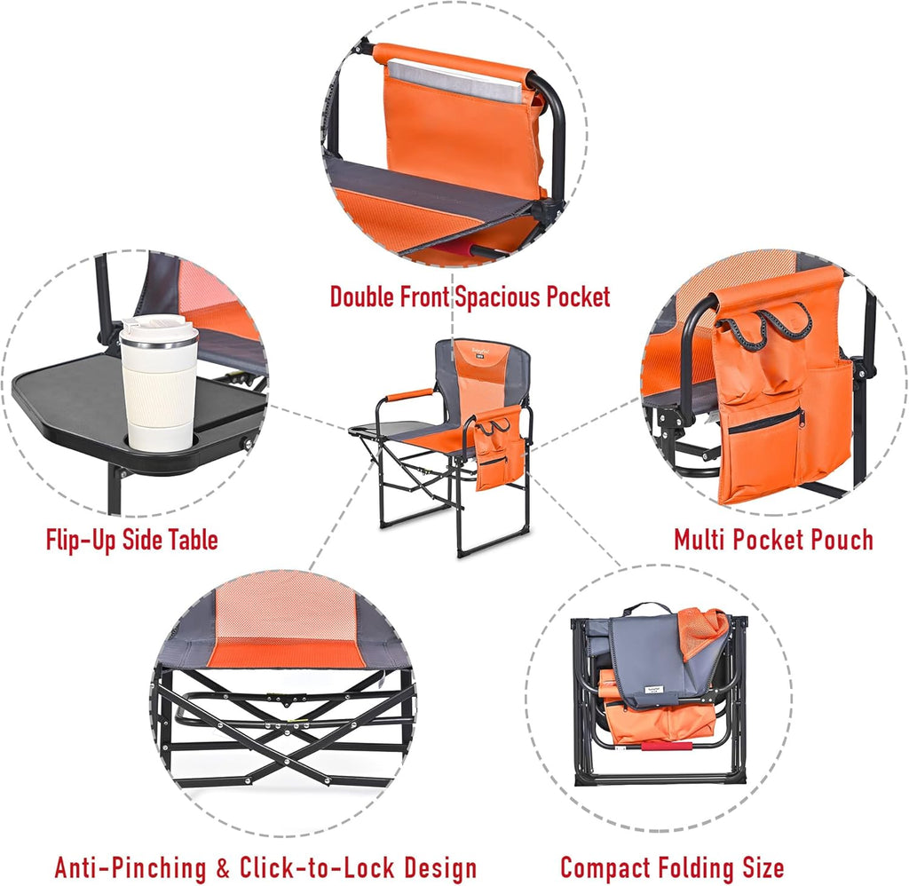 SUNNYFEEL Camping Directors Chair 2 Pack with Aluminum Outdoor Folding Table, Oversized Portable Folding Chair with Pocket for Beach, Fishing,Trip,Picnic,Lawn,Concert
