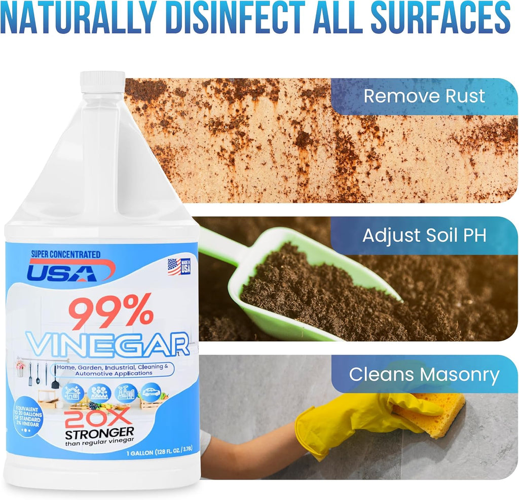99% Pure Vinegar - Dilutes to 20 Gallons - 20x Power Industrial Cleaning Vinegar - 1 Gallon Concentrated Cleaner (99% Concentrated)