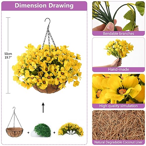 INQCMY Artificial Hanging Flowers in Basket for Patio Lawn Garden Decor,12 inch Coconut Lining Hanging Baskets with Artificial Flowers for Home Porch Outdoors Summer Decoration(Purple)
