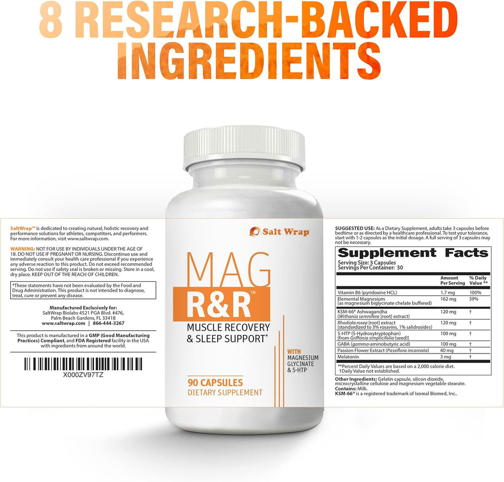 SaltWrap Mag R&R - Nighttime Muscle Cramps Support, Natural Sleep Support for Adults with Magnesium Glycinate for Muscle Spasm and Leg Cramps Relief, 90 Capsules