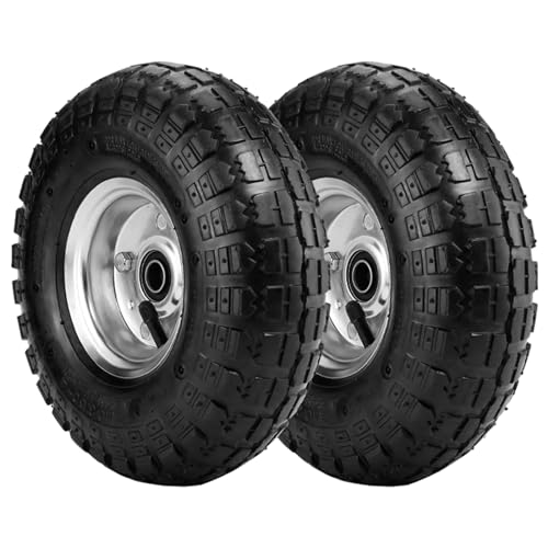 (2 Pack) 4.10/3.50-4 Tire and Wheel - 10 Inch Heavy Duty Pneumatic Tire with 5/8" Bearings and 2.2" Offset Hub - Compatible with Hand Truck, Wheelbarrow, Wagon, Gorilla Carts