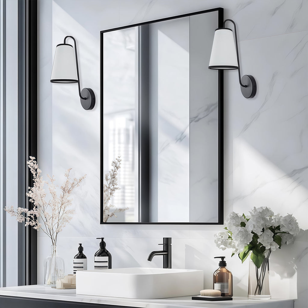 Minimal Elegant Black Sconce, Modern White Linen Shade Sconce for Bedroom, Living Room, Bathroom