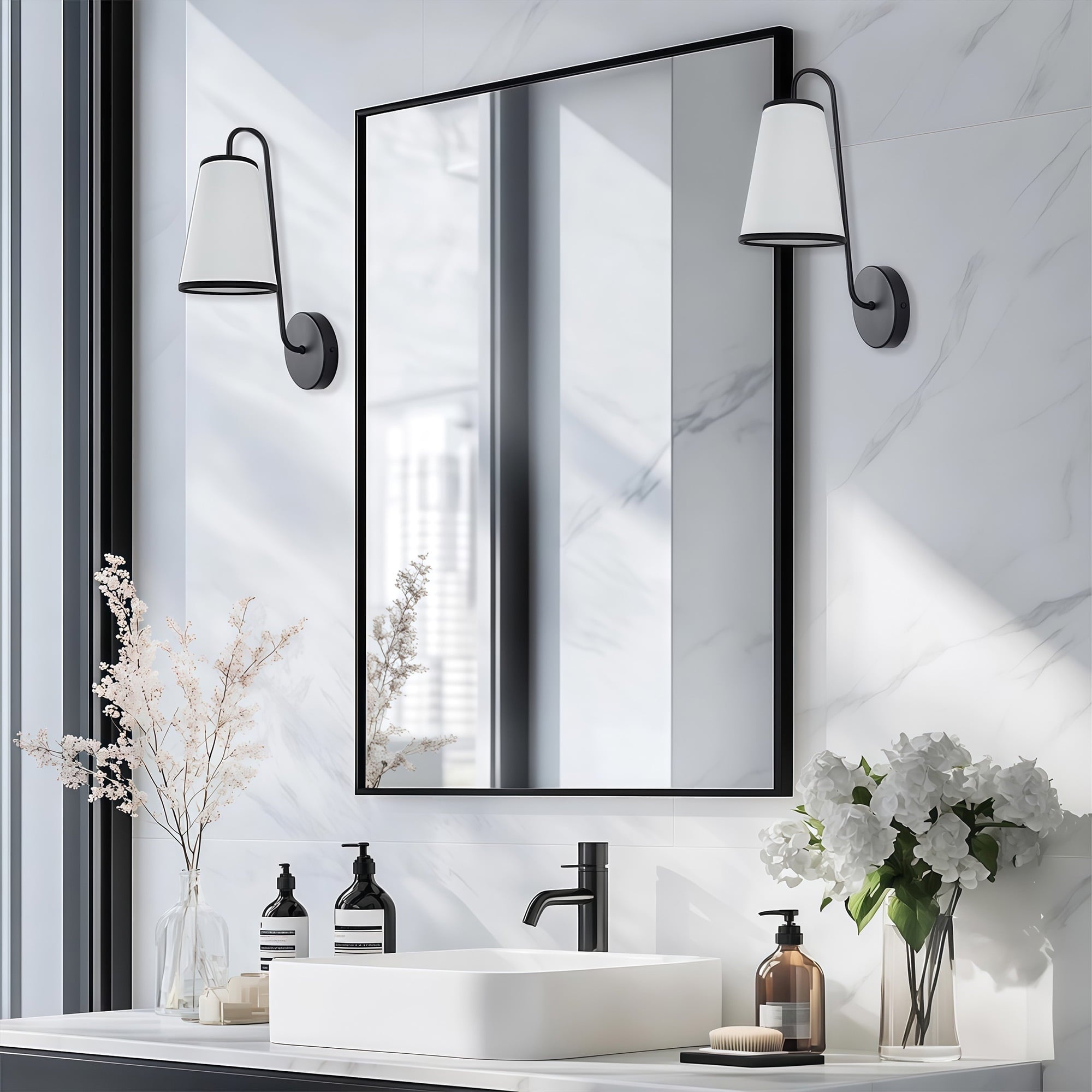 Minimal Elegant Black Sconce, Modern White Linen Shade Sconce for Bedroom, Living Room, Bathroom