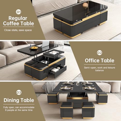 3-in-1 Multi-Functional Coffee Table with Glass Tabletop, Lift Top Center Table with 4 Storage Stools, Expandable Dining Table for Living Room, Office Table with Hidden Storage Compartment