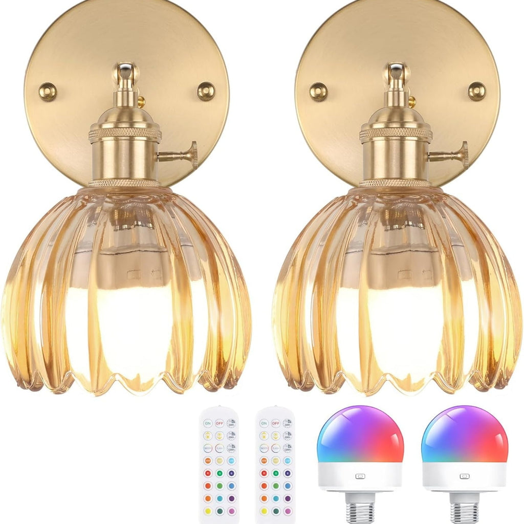 Vintage Battery Operated Wall Sconce with Cute Amber Tulip Glass Lampshade Wireless Rechargeable Battery Powered Wall Light with Remote Control for Bedside Bedroom Doorway, Set of 2