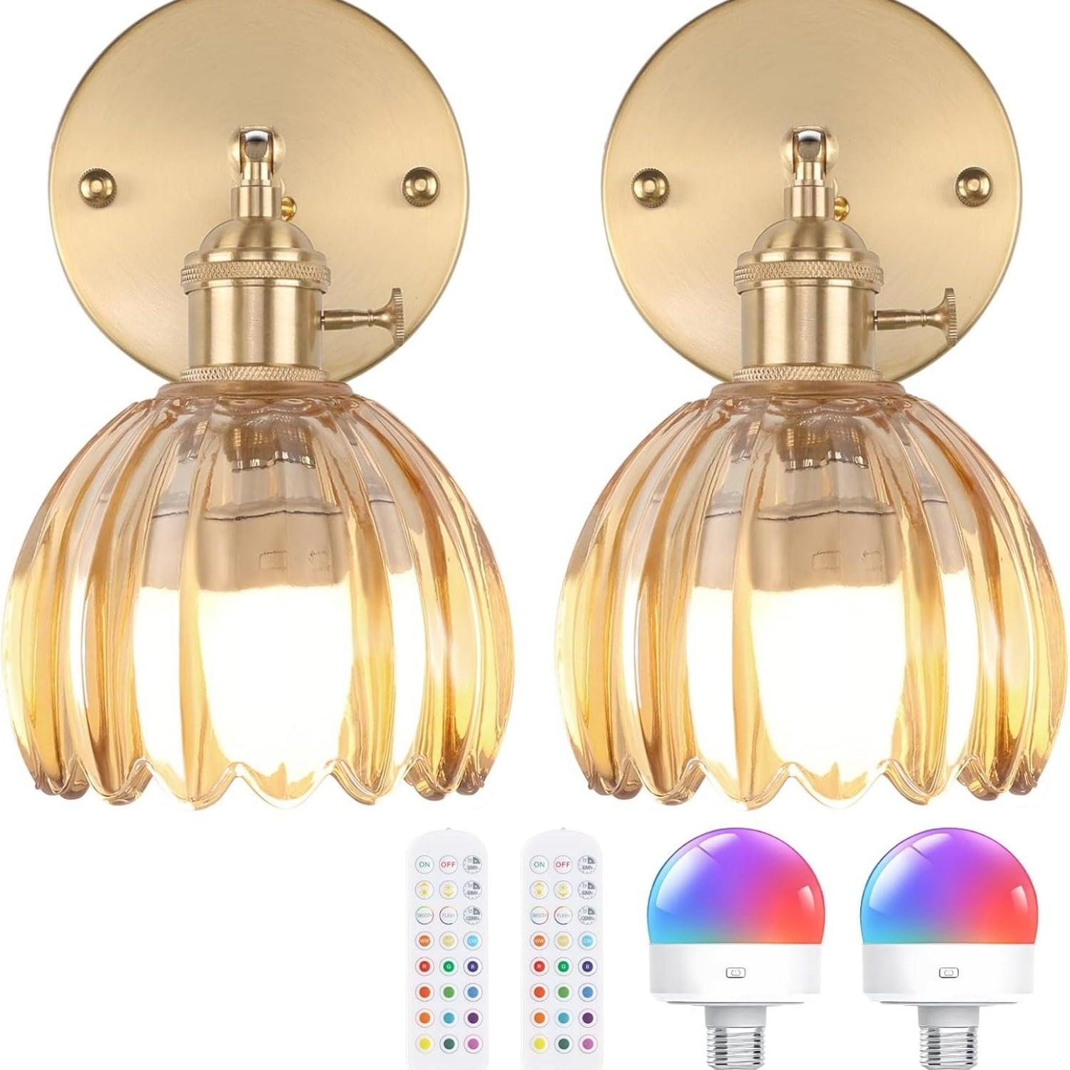 Vintage Battery Operated Wall Sconce with Cute Amber Tulip Glass Lampshade Wireless Rechargeable Battery Powered Wall Light with Remote Control for Bedside Bedroom Doorway, Set of 2