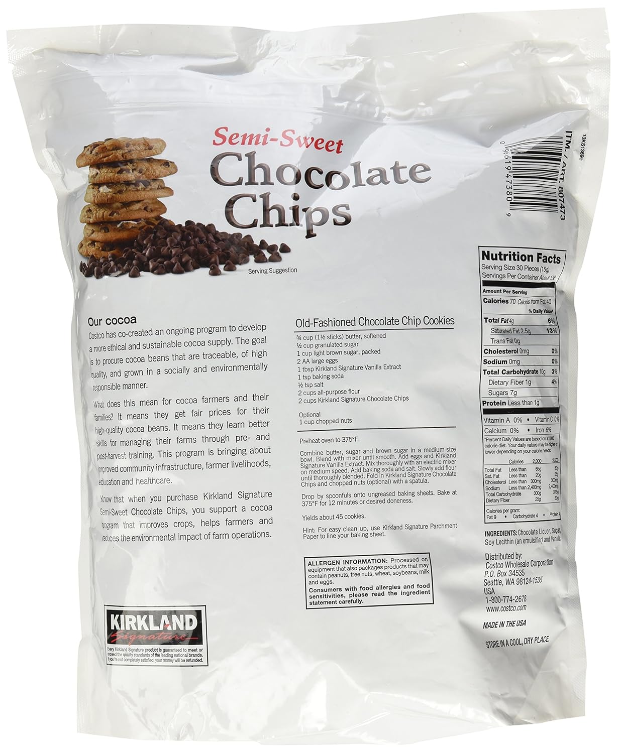 Kirkland Signature Semi-Sweet Chocolate Chips, 72 oz
