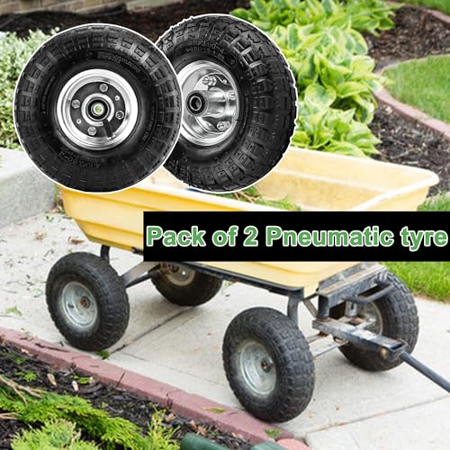 (2 Pack) 4.10/3.50-4 Tire and Wheel - 10 Inch Heavy Duty Pneumatic Tire with 5/8" Bearings and 2.2" Offset Hub - Compatible with Hand Truck, Wheelbarrow, Wagon, Gorilla Carts