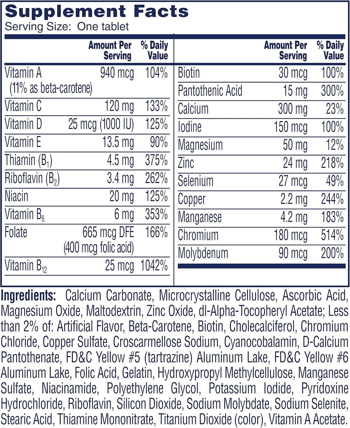 One A Day Women’s 50+ Multivitamins Tablet, Multivitamin for Women with Vitamin A, C, D, E and Zinc for Immune Health Support*, Calcium & more, 200 Count