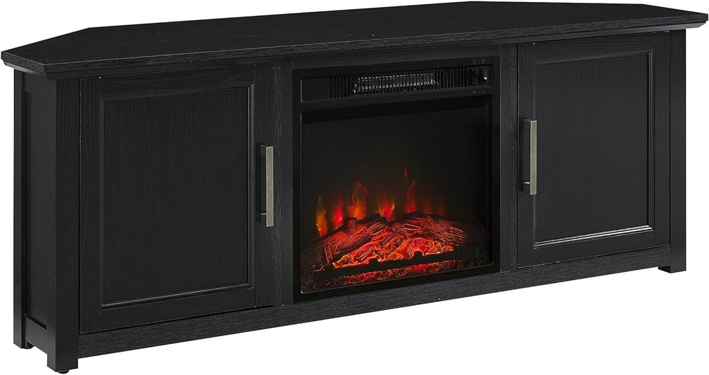 Art Deco Dreams 58-inch Corner TV Stand with Electric Fireplace, Black - 20" D x 58" W x 22" H, Freestanding, Brass Effect Finish
