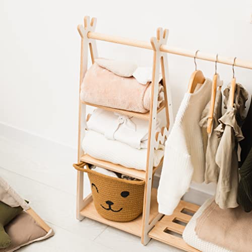 Montessori Teepee Style Clothing Rack Furniture for Toddler Wood Kids Playroom Natural Wooden Nursery Baby Neutral Room Storage Clothes Shelf Kids Gift 2nd 3rd Birthday (Small, Dark Walnut)